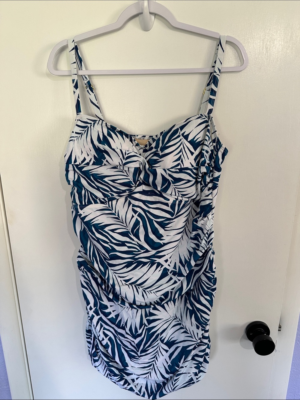 Kim Gravel Navy and White Tropical Leaf One-Piece Swim dress Size 22